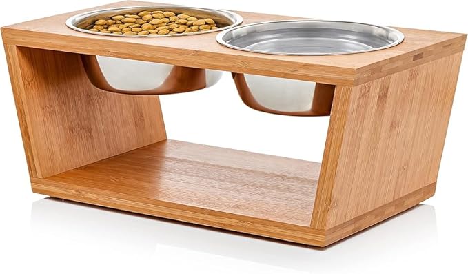 Pawfect Pets Elevated Dog Bowl Stand- 7" Raised Pet Feeder for Medium Dogs with Four Stainless Steel Bowls.