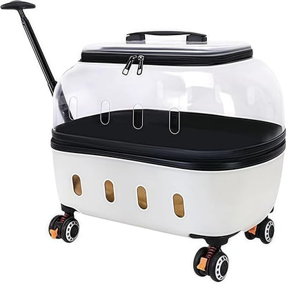 Pet Carrier with Wheels, 360° Rotating Castors, Foldable Dog & Cat Travel Suitcase, Portable and Breathable Pet Carrier with Transparent Window and External Handle White