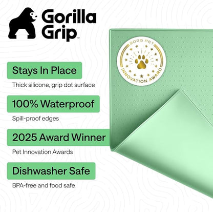 GORILLA GRIP 100% Waterproof Raised Edge BPA Free Silicone Pet Feeding Mat, Dog Cat Food Mats Contain Spills Protects Floors, Placemats for Cats and Dogs Water Bowl, Pets Accessories 32x24 Mint