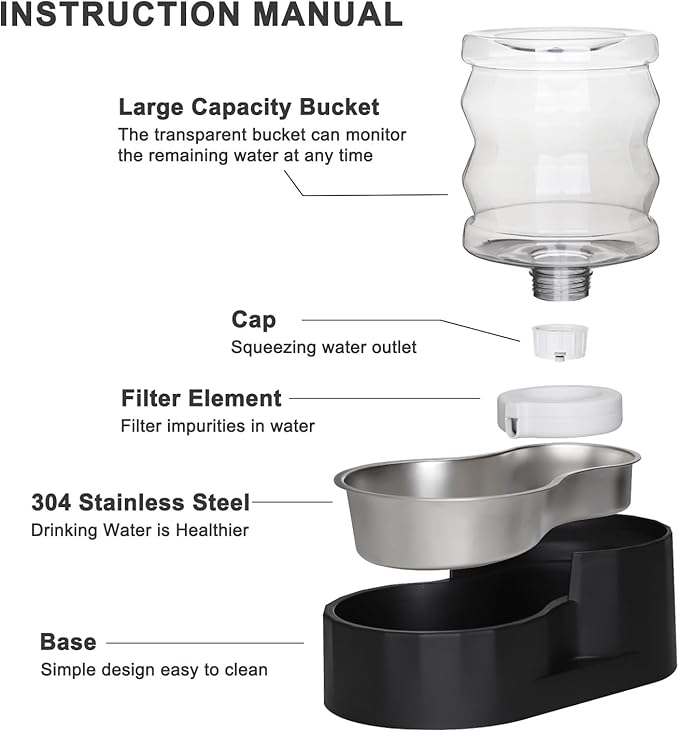 RIZZARI Dog Food Water Dispenser: 4L Large Black Stainless Steel Feeder with Activated Carbon Ion Exchange System - Soften Water and Remove Odor - Prevent Urinary Stone - Garden and Study Room