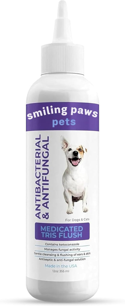 Smiling Paws Pets Medicated Tris Flush Dog Ear Cleaner Solution and Infection Treatment for Dogs and Cats Ear Flush for Dogs Ear Cleaner for Dogs & Cats - Cat & Dog Ear Wash Contains Ketoconazole 12oz