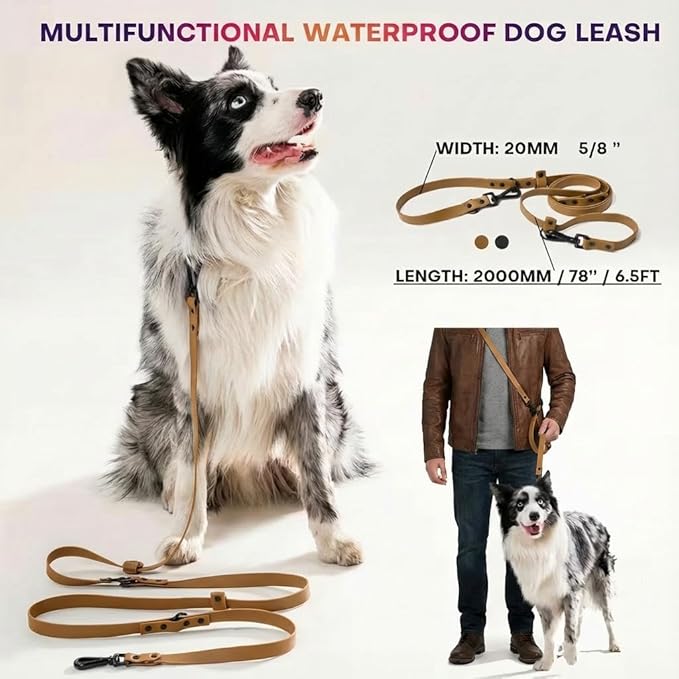 Waterproof Slip Lead Dog Leash, Heavy Duty Hands Free Waist Buckle Leash 6.5FT for Running, Medium to Large Dogs, Dual End Clips for Two Dogs,Brown