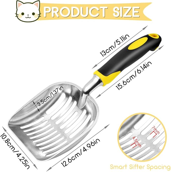 Cat Litter Scoop, Metal Cat Scooper, Rubber Handle Scoop, Sifting Shovel for Christmas – Heavy Duty Aluminum Alloy Litter Box Scoop with Deep Mesh, Design for Easy Waste Removal and Cleaning(Yellow)