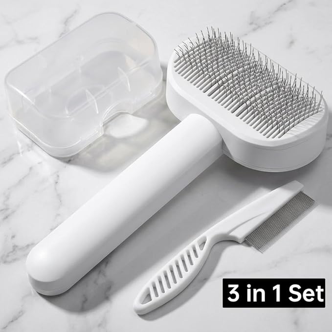 Prime Pets Long Pin Cat Brush, Self-Cleaning Slicker Brush for Indoor Cats, 3-in-1 Grooming Kit with Case for Dogs Small Animals, White