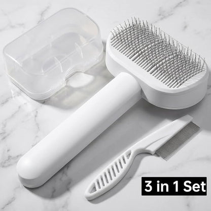 Prime Pets Long Pin Cat Brush, Self-Cleaning Slicker Brush for Indoor Cats, 3-in-1 Grooming Kit with Case for Dogs Small Animals, White
