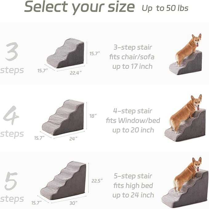 Dog Stairs for Small Dogs and Cats 18" H, High Density Support Foam Dog Steps Ramp for Bed and Couch, Pet Stairs with Non-Slip Bottom and Remove Washable Cover, 4-Step Pet Steps, Grey
