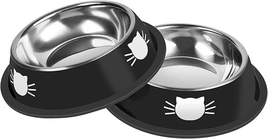 Serentive 2 Pcs Non-Slip Stainless Steel Small Cat Food Bowls - Unbreakable, Thicken 7 Oz Cat Dishes - Indoor, Removable Rubber Base, Easily Clean, Lovely Color