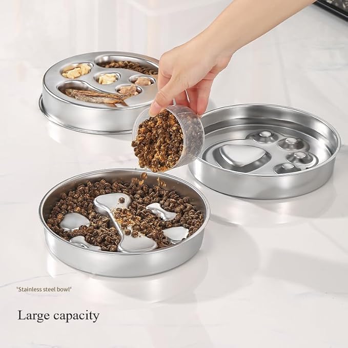 Slow Feeder Dog Bowl Stainless Steel Dog Slow Feeder Food Bowl, Metal Non-Slip Lick Plate,Puppy or Cat Food Holder,Pet Supplies,Puzzle Maze Dish for Small & Medium Sized Breeds (Cat Paw)