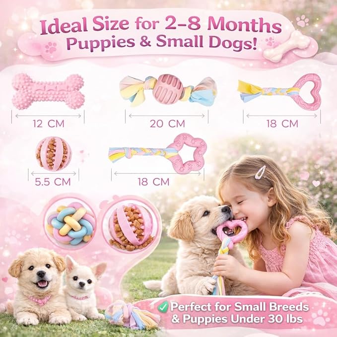 Pink Puppy Toys, 6- Pack Teething Chew Toys, Soft Durable Rubber Teething Toys for Puppies Small Breeds, Eco-Friendly, Interactive Puppy Chew Toys for Small Dogs, (Basket not Included)