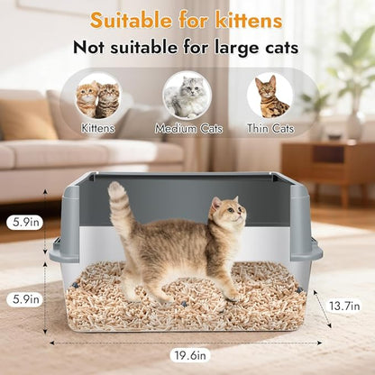 Vivifying Stainless Steel Cat Litter Box, Large Semi-Enclosed Litter Box with Lid and Mat, Anti-Leakage Metal Pan for Easy Cleaning & Odor Control (Gray)