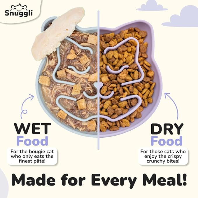 Snuggli Slow Feeder Cat Bowl | Cat Puzzle Feeder for Slow Eating, Mental Enrichment, Digestion, & Bloat Relief | Non-Slip Silicone, Dishwasher Safe, 1 Cup (Lavender)
