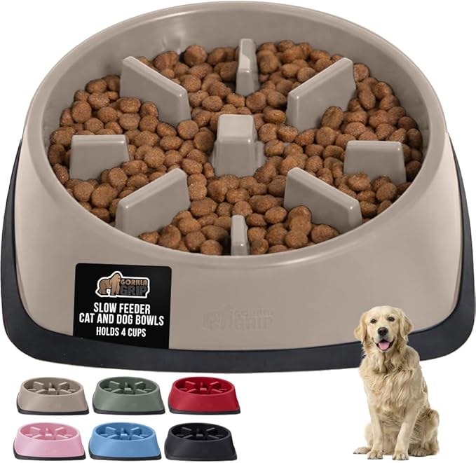 GORILLA GRIP Patented BPA Free Slow Feeder Dog Bowls, 4 Cup Interactive Puzzle Toy for Dogs and Cats Food Training Enrichment, Keeps Pets Busy and Prevents Puppy Overeating, Large Breeds, Beige