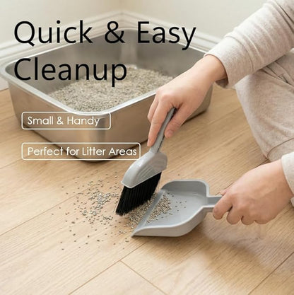 4-in-1 Cat Litter Scoop with Holder, Cat Litter Box Organizer Cleanup Kit - Sweeper & Dustpan, Aluminum Kitty Litter Scooper and Storage Caddy (Gray)