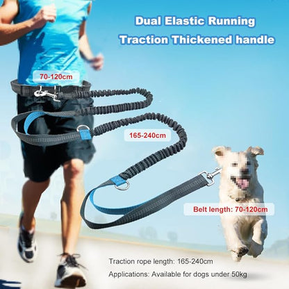 Hands Free Dog Running Leash, Pet Leash Outdoor Running Reflective with Adjustable Waist Belt, Near Far Double Handle, Dog Chain Leash for Walking, Jogging and Running (Lake Blue)