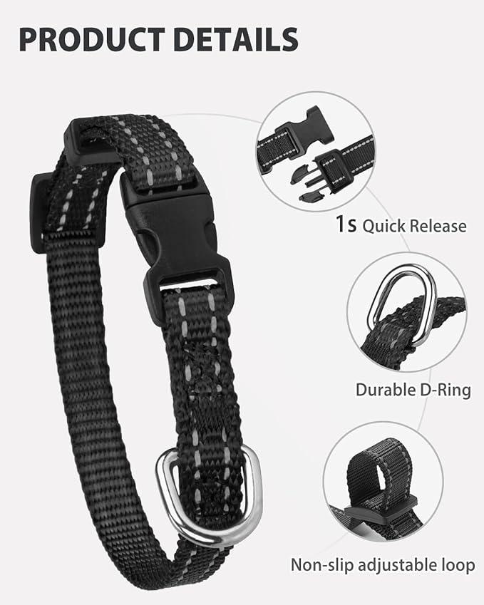 Joytale Puppy Collar, Feather-Light Double-Sided Reflective Nylon Collar for Night Safety, Adjustable Quick-Release for Extra Small Dogs, Black, XS (3/8" Width)
