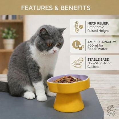 Ceramic Elevated Slow Feeder Cat Bowl, Raised and Gently Tilted Feeding Dish with Maze Design, Whisker-Friendly, Easy to Clean, for Indoor Cats and Small Dogs (Yellow/Purple)