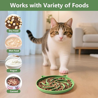 2Pcs Silicone Slow Feeder Cat Bowl,Puzzle Feeder,Interactive Toys,Slow Feeding cat Bowl Suitable for All Dry and Wet Foods,Easy to Clean Silicone Bowls (Green and Blue)