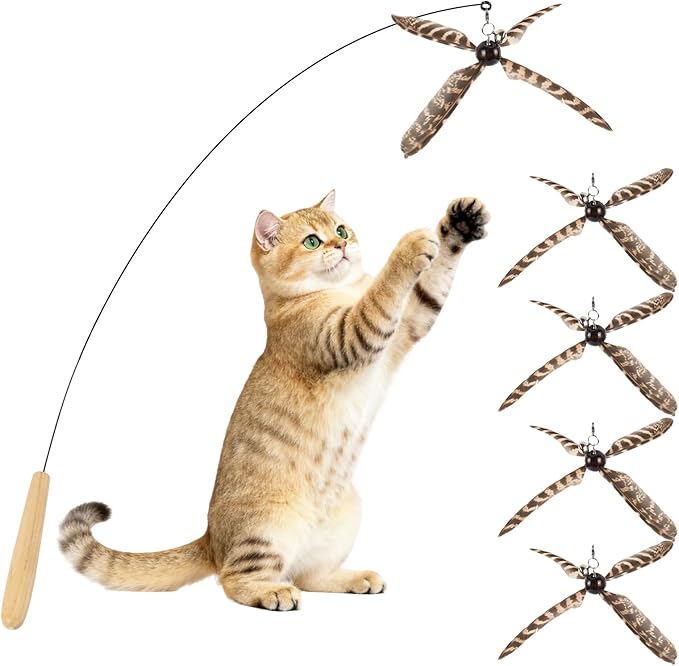 Cat Wand Toys Interactive for Indoor Cats, 4PC 4-Blade Feather Propeller Refills, 1PC Cat Wand (Wild-Style Brown)