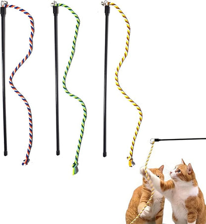 IUHKBH Cat Wands, 3 PCS Colorful Cat String Kitty Teaser Wands with Bell Interactive Kitten Toys for All Breed Sizes