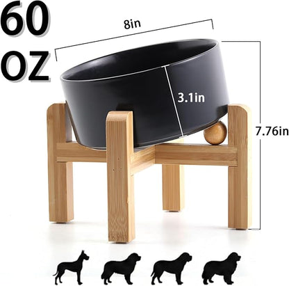hjn Elevated Ceramic Dog Bowl 15°Slanted Raised Dog Bowl with Bamboo Stand for Small Medium Dogs and Cats, Pet Feeder -7.6-Cup (1800ml)-Black