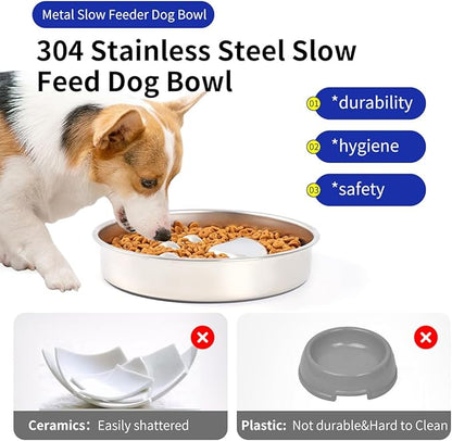 Slow Feeder Dog Bowls, 304 Stainless Steel Metal Slow Feeder Dog Bowl, Suction Cup Anti Flip,2X Non-Slip,2-4 Cups, for Small & Medium Breed（Weighs 0.45 pounds）