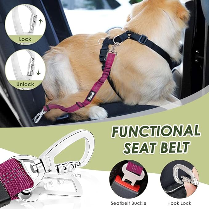 Lukovee Dog Seat Belt for Car, Adjustable Dog Car Harness for Large Medium Small Dogs, Soft Padded & Breathable Mesh Dog Seatbelt with Car Strap and Carabiner (Rose,S)