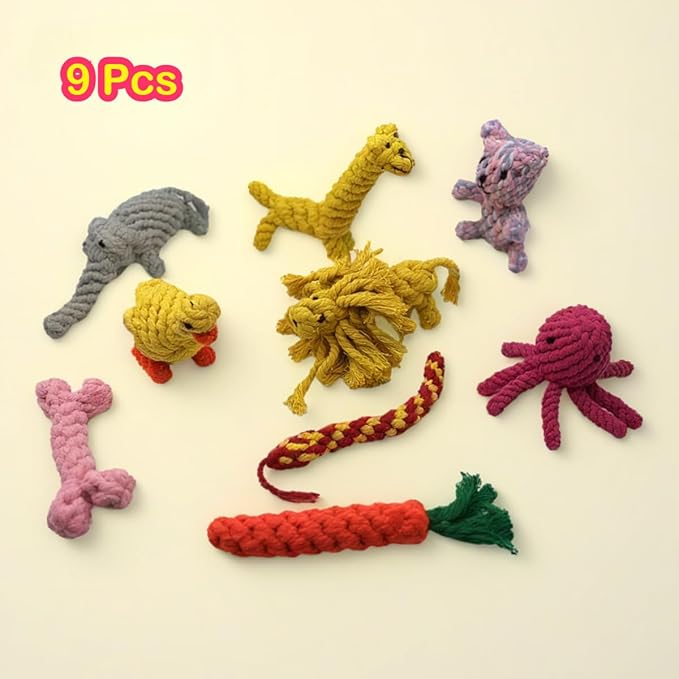 Dog Chew Toys for Small and Medium dogs, Animals and Fruits Shapes Cotton Rope Toys for Aggressive Chewers, Handwoven Interactive Dog Toys for Tug of War, Dental Health, Cleaning (9Pcs, Animals)