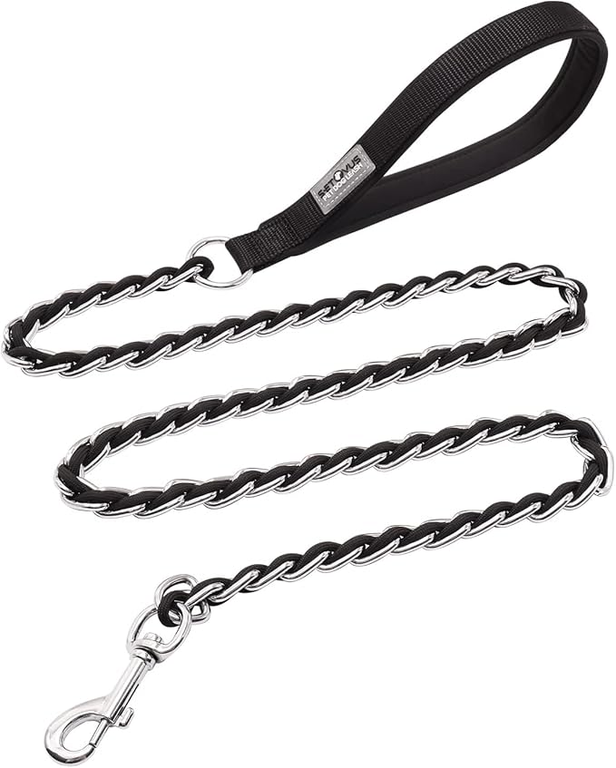 Chain Dog Leash Chew Proof Metal Leash for Medium Large Dogs, Chain Link Dog Anti Chew 5.2FT / 4FT Strong Anti Bite Comfortable Soft Padded Handle (Black, 5FT(80-150lb))