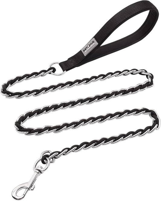 Chain Dog Leash Chew Proof Metal Leash for Medium Large Dogs, Chain Link Dog Anti Chew 5.2FT / 4FT Strong Anti Bite Comfortable Soft Padded Handle (Black, 5FT(80-150lb))