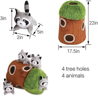 Glow Pups Hide and Seek Dog Toy, Interactive Plush Raccoon in Tree Burrow, Squeaky Woodland Style Dog Toys for Small Dogs, Mental Stimulation, Medium Size Tree with 4 Raccoon
