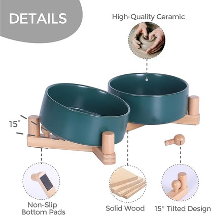Ceramic Dog Bowl and Cat Bowls Set with 15° Adjustable Wood Stand, Non-Slip Weighted Pet Food and Water Bowls, Dual Raised Feeder for Small Dogs, Matte Glaze Pet Dish 13.5oz Set of 2 (Forest Green)