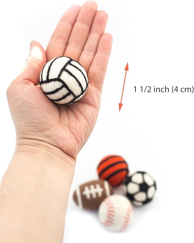 Glaciart One Sports Wool Balls for Cats – 5 Pcs with Catnip Pouch - Soft Fuzzy Enrichment 100% Natural Felt Cat Toy - Interactive Play Cat Toy Set - Safe for Pets, Non-AZO Colored Dyes – 1.6”