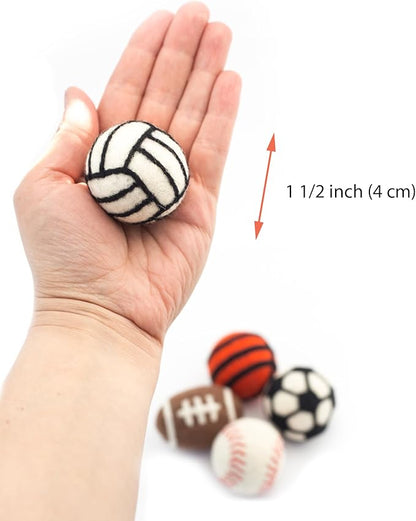 Glaciart One Sports Wool Balls for Cats – 5 Pcs with Catnip Pouch - Soft Fuzzy Enrichment 100% Natural Felt Cat Toy - Interactive Play Cat Toy Set - Safe for Pets, Non-AZO Colored Dyes – 1.6”