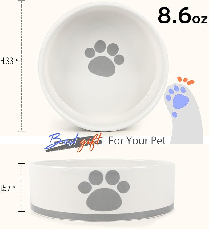 Ceramic Dog Bowl, 4.3" Round x 1.6" Tall, Small Dog Food and Water Bowls, White, Perfect for Dogs Up to 20 lbs, Microwave and Dishwasher Safe, Small Size