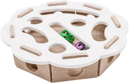 Cat Puzzle Toy with 3 Track Balls, Flower-Shaped Play Box for Indoor Kittens Interactive Treat Feeding, Fun Maze Game for Indoor Cats Boredom Relief & Exercise (White/Camel)