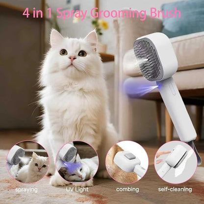 Pet Steam Brush for Cats, 4 in 1 Cat Brush for Long Haired Cats Kittens Dogs for Shedding Grooming Massage Self Cleaning (White Grey)
