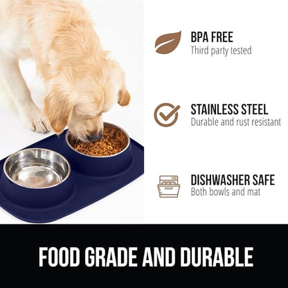 GORILLA GRIP Feeding Mat Bowl Set, 3 Cup 100% Waterproof BPA Free Silicone, 304 Stainless Steel Cat and Dog Bowls for Food and Water, Slip Resistant, High Edge, US Designed, Patent Pending, Navy Blue
