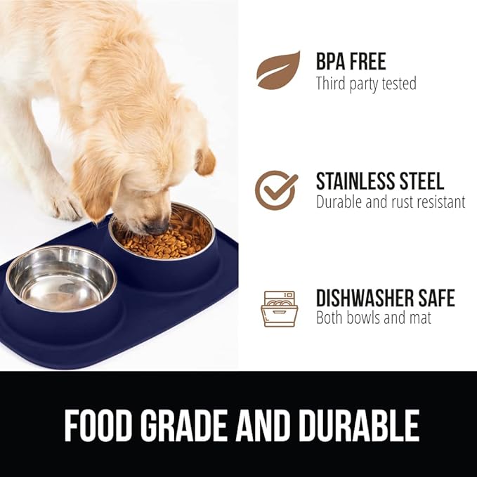 GORILLA GRIP Feeding Mat Bowl Set, 4 Cup 100% Waterproof BPA Free Silicone, 304 Stainless Steel Cat and Dog Bowls for Food and Water, Slip Resistant, High Edge, US Designed, Patent Pending, Navy Blue
