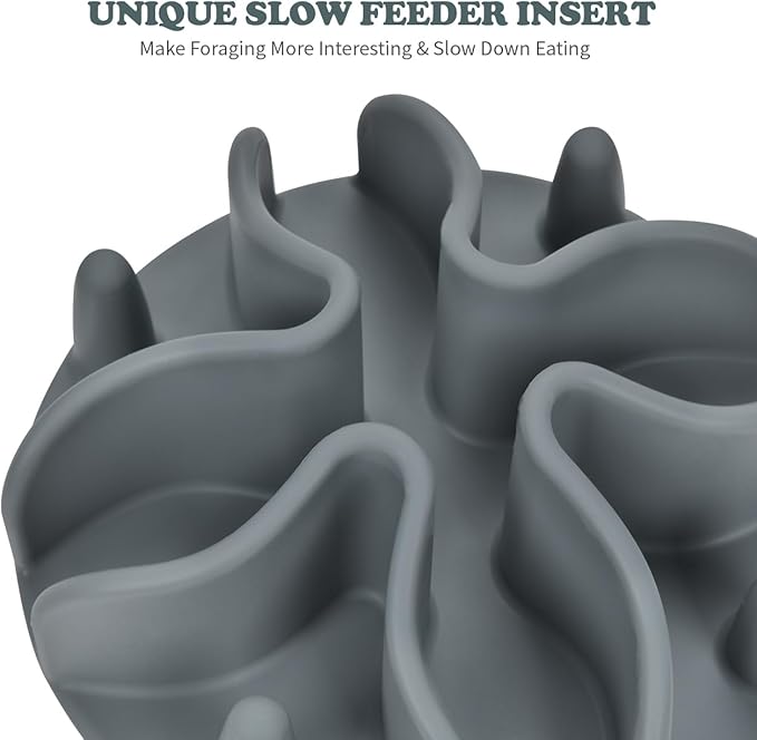 Slow Feeder Dog Bowls Insert, Silicone Slow Feeder Bowl with Strong Suction Cups Perfect for Stainless Steel Glass Ceramic Dog Bowls (Grey, Large Size)