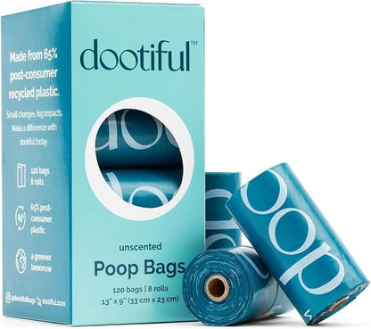 Dog Poop Bags - 120 Unscented Bag, 65% Recycled Materials, Tear Resistant Pet Bags for Poop - 8 Rolls, 100% Leak Proof - Extra Thick, Eco-Friendly Doggie Waste Bags for Hassle-Free Cleanup - Outdoor