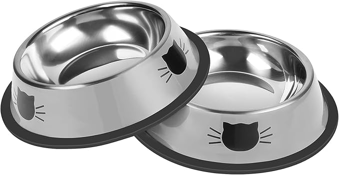 Serentive 2Pcs Cat Bowls Non-Slip Stainless Steel Small Cat Food Bowl Unbreakable Thick Rubber Base Easily Clean Lovely Color