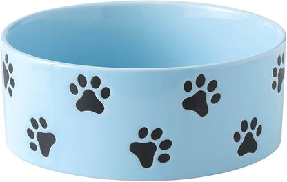 6.5 Inch Blue Ceramic Dog Bowl with Paw Print Pattern - Porcelain Wide Mouth Dog Food or Water Bowls, Large Feeding Pet Bowls for Indoor Medium Sized Dogs, for Wet or Dry Food