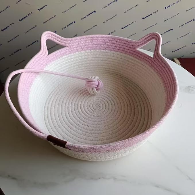 Stimulicat Handwoven Cat Basket – Foldable Cat Hammock with Scratching Area & Interactive Rope Ball – Breathable Pet Bed with Cat Ear Handles – Machine Washable & Portable (White-Pink)