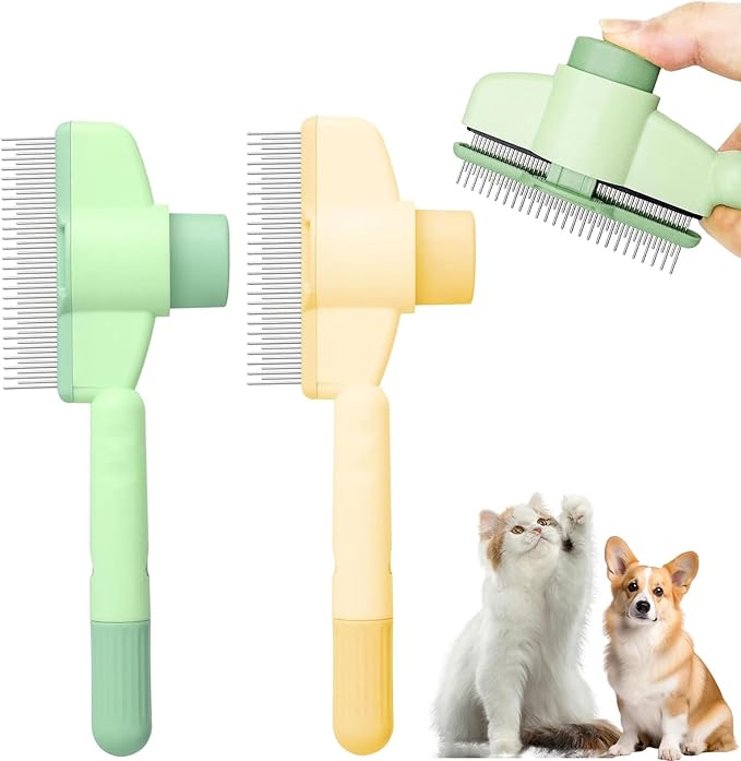 2PCS Pet Comb for Dogs & Cats, Pet Hair Removal Comb with Release Button Self-Cleaning with Long & Short Stainless Steel Metal Teeth for Shedding, Comfort and safety