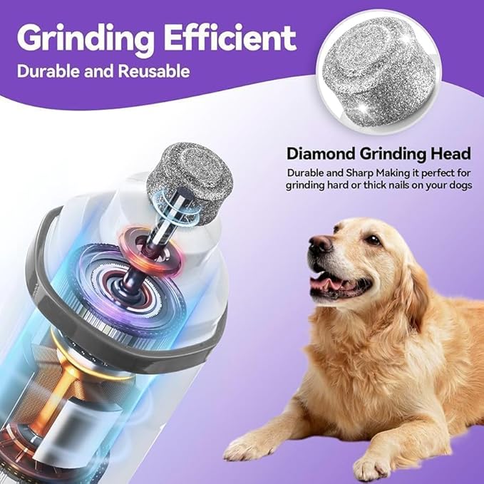 Dog Nail Grinder Quiet- Ultra-Quiet Dog & Cat Nail Grinder with LED Light & Battery Display & Upgrade Grinding Head - Painless Nail Trimmer for Small to Large Pets, Thick Nails, and Sensitive Paws