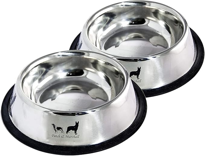Patch & Marshall Stainless Steel Dog Bowls with Anti-Skid Ring | XL Set of 2 | 1600 ml Water or 900 g Food Capacity per Bowl | 54 Fl Oz | Pet Feeding Bowls