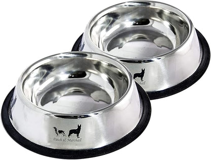 Patch & Marshall Stainless Steel Dog Bowls with Anti-Skid Ring | XL Set of 2 | 1600 ml Water or 900 g Food Capacity per Bowl | 54 Fl Oz | Pet Feeding Bowls
