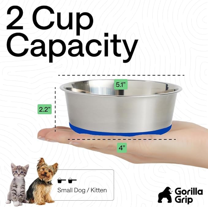 GORILLA GRIP Dog Bowls, Food Grade 304 Stainless Steel, Holds 2 Cups Each (16 fl oz) Food and Water Bowl for Feeding Dogs and Cats, Dishwasher Safe, Rust Resistant, BPA Free Rubber Base Set of 2 Blue