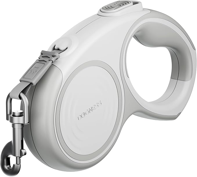 DOGNESS 16.4 Ft Retractable Dog Leash, Heavy Duty Great Leash for Dog up to 80 lbs, One Button Brake & Lock Anti-Slip Handle Tangle Free（White Gray）