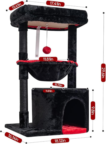 SYANDLVY Gothic Cat Tree with Coffin Bed for Indoor Cats, Small Cat Tower with Scratching Post, Modern Activity House Condo with Cradle, Kittens Cave, Black & Red